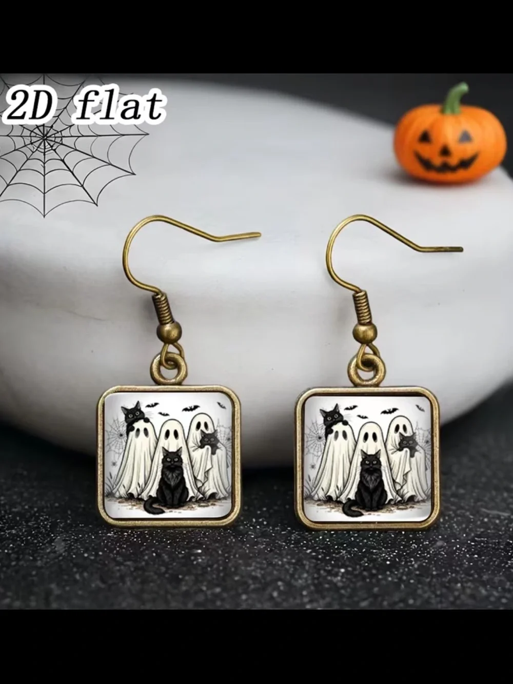 Glass Gold Tone Halloween Ghost & Black Cat Square Drop Earrings